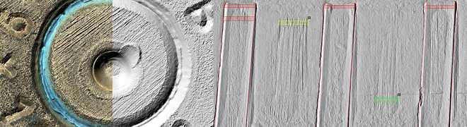 Dno nábojnice nasnímané barevnou kamerou (vlevo). Dno nábojnice (uprostřed). Naskenovaná střela zpracovaná v balistickém SW (vpravo). image