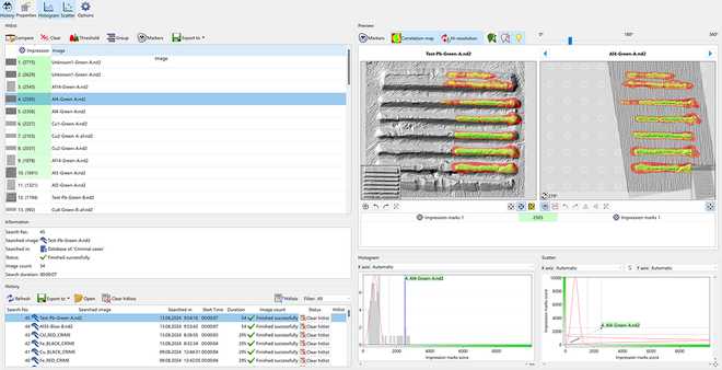 Seznam kandidátů na základě vypočítaného korelačního skóre (vlevo nahoře). Informace o kandidátech z databáze (vlevo uprostřed). Historie vyhledávání v databázi (vlevo dole). Náhled komparace s mapou podobnosti (vpravo nahoře). Statistické údaje o seznamu výsledků (vpravo dole). image